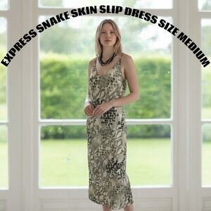 Express Snakeskin Satin Midi Slip Dress Size Medium Gray/ Black/ Cream Excellent